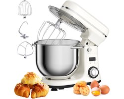 Lunekiss 6L keukenmixer met 1200W stille DC‑motor, 6 snelheden, LED‑timer, RVS mengkom en accessoires – Zilver