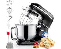 NBAP® Luxe Deegmachine met Spatbescherming - Deegmachine voor Zwaar Deeg - Met Deeghaak en Garde - Kneedmachine - Keukenmachine - Deegmixer met 10 Standen - Zwart met Zilver