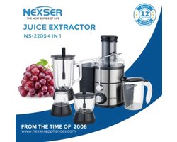 Nexser 4-in-1 Blender & Juicer – 1200W Multifunctionele Keukenmachine met 1.7L Glazen Kom – Voor Smoothies, Babyvoeding, Vlees & Ijsklontjes