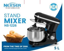 Nexser 5L Elektrische Stand Mixer – 1000W – Multifunctionele Keukenmixer voor Cake, Brood, Deeg en Slagroom – 10 Snelheden, Spiraalhaak & Accessoires
