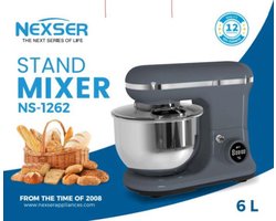 Nexser 6L Professionele Stand Mixer – 1200W Elektrische Deegmixer met RVS Mengkom – 6 Snelheden voor Brood, Taart & Beslag