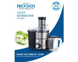 Nexser 900W Centrifugal Juicer – 2-Speed Hoge Snelheid Sapmachine – 1L Sapkan & 2L Pulpreservoir – RVS & ABS – Stil en Multifunctioneel voor Thuisgebruik