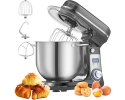 Norvia Keukenmachine - Display en Timer - Keukenrobot - 6L - Keukenmixer - 1200W - Grijs - Stille motor - RVS kom - 6-speed