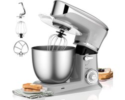 Royalty Line Keukenmachine - Keukenrobot - 1900W - Keukenmixer met 6 Snelheidsstanden + LED, incl. Garde / Kneedhaak / Klopper en Pannenlikker, Met Spatscherm & RVS Mengkom 6.5 L - Zilver