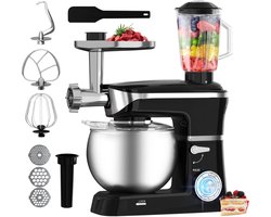 Royalty Line® PKM1900BG 3 in 1 Keukenmachine Multifunctioneel - 6.5 Liter Keukenrobot - 1900W Foodprocessor - BPA Vrij - Keukenmixer Met RVS Mengkom, Blender & Gehaktmolen - Zwart