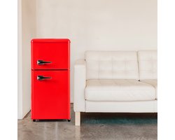 Merax Retro Koel-vriescombinatie Mini Koelkast - Premium Rood - Compact Model met Dubbele Deur (88.8 cm Hoog, 60L) - 22L Vriesvak & 38L Koelvak - LED-verlichting - Energieklasse E