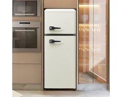 Retro-koelkast – Koel-vriescombinatie - 105,5 cm Hoog - 41 cm Breed - Tweedeurs - 92 liter Totaalvolume - 28 liter Vriesvolume - Deurplateaus en Glasplateaus - 116 kWh/jaar, - 27°C ~ 13°C - LED-verlichting.
