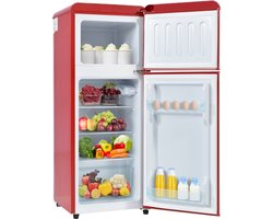 Retrokoelkast. Koel-vriescombinatie, 105,5 cm hoog, 41 cm breed, tweedeurs, met 92 liter totaalvolume, 28 liter vriesvolume. Deurplanken en glazen planken. 181 kWh/jaar, -27°C ~13°C, LED-licht.