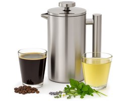 French press - cafetiere / theepot met filter - dubbelwandig RVS met theefilter voor losse thee of gemalen koffie - 1 liter
