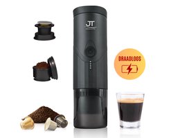 JT Products Draagbare 2 In 1 Espressomachine Zwart - Oplaadbaar - Capsules En Gemalen Koffie - Warmt Op - Koffiemaker - Nespresso - Draagbare Koffiemachine - Reis En Camping Koffiezetapparaat - Maatje