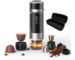 Lordani Draagbaar Koffieapparaat voor Onderweg | Inclusief Tas | Digitale Display | 60ml | 12 Volt | Espresso | Nespresso | Dolce Gusto | Capsule Koffie | Gemalen Koffie | Cups | Oplaadbaar | Draagbare Koffiemachine | Zwart&Zilver