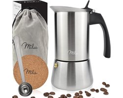 Milu Percolator voor Inductie | 2, 4, 6, 9 Koffiekopjes | RVS Espresso Maker met Onderzetter, Lepel en Borstel | 200ml / 4 Kopjes Moka Pot