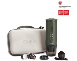 Outin Draagbare elektrische espressomachine met beschermkoffer - Nano reis cadeauset - snelle waterverwarming - Italiaans design - capsules & gemalen koffie - 20 bar - draagbare koffiemachine - reis & camping koffiezetapparaat - 12 volt