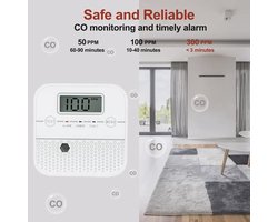 Koolmonoxidedetector met 10 jaar verzegelde batterij - Draagbaar CO-alarm met digitaal display, EN50291-conform, luide 85dB zoemer, testen dempknop Wit