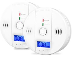 Koolmonoxidemelder - Set van 2 - Koolmonoxidemelder met alarm - CO-melder - Draagbaar - LED-display - Werkt op batterijen - Met handmatige alarm- en testknop - Draadloos - Geschikt voor thuis, op reis, in hotels - Wit (batterijen niet inbegrepen)