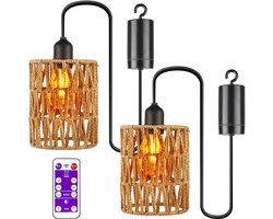 2 stuks Hanglamp op batterijen met afstandsbediening - Rotan lamp voor terras, tuin, paviljoen, woonkamer, slaapkamer