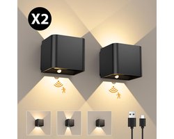 2X Dimbaar en stijlvol Oplaadbare Dimbare Wandlampen + usb-usb-c incl motage tape - -Zwart - Perfect voor Slaapkamer, trappenhuis,Woonkamer & Overkappingen"