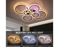 6 Ring Chroom Plafondlamp - RGB -12 Kleuren - Dimfunctie - Moderne LED Lamp - 78 cm - Woonkamerlamp