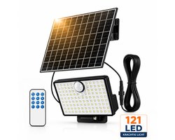 AXIMO Solar Buitenlamp met Bewegingssensor – 121 LED's - met Afstandsbediening - Los Zonnepaneel + Kabel - Tuinverlichting op Zonne-energie en/of USB – Wandlamp Buiten met 3 Standen – Dag & Nacht Sensor