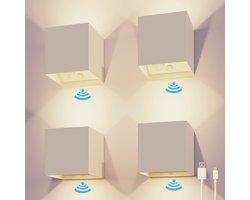Calex Volterra Oplaadbare Wandlamp Kubus - 4 Stuks - Up & Down Tuinverlichting - Modern - Warm Wit Licht - Voor Binnen en Buiten - Waterdicht - Eenvoudige Installatie - Draadloos - USB-C - Bewegingssensor - Zand
