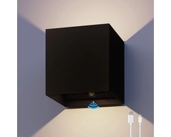 Calex Volterra Oplaadbare Wandlamp Kubus - Oplaadbaar - Up & Down Tuinverlichting - Modern - Warm Wit Licht - Voor Binnen en Buiten - Waterdicht - Eenvoudige Installatie - Akku en Draadloos - USB-C - Bewegingssensor - Zwart
