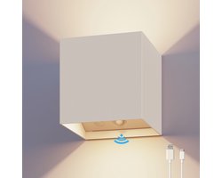 Calex Volterra Oplaadbare Wandlamp Kubus Wit - Oplaadbaar - Up & Down Tuinverlichting - Warm Wit Licht - Voor Binnen en Buiten - Waterdicht - Eenvoudige Installatie - Akku en Draadloos - Bewegingssensor