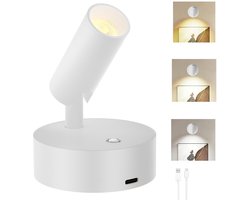 Draadloze Magnetische Spotlight - LED Spotlight Binnen - Oplaadbaar - 360° Draaibaar - Dimbaar & 3 Lichtstanden - Zelfklevend Zonder Boren - Accentverlichting voor Schilderijen, Kunst & Planten - Wit