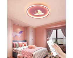 Epochglo Kinderkamer LED Plafondlamp 24W, 2400 lm, Rond 40 cm, Roze – Dimbaar, Afstandsbediening, Nachtlampje, Sterren, Maan en Wolk Motief