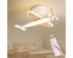 Epochglo LED Kinder Plafondlamp Dimbaar 40W – Vliegtuigontwerp met Houten Propeller – Draaibare en Bewegende Propeller met Afstandsbediening – 3000K-6500K – LED Plafondverlichting voor Kinderkamer, Slaapkamer, Speelkamer, Studie