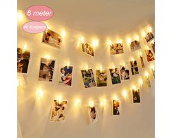 Fotoslinger met verlichting - 6 meter & 40 LED lichtjes - Foto - lichtsnoer met knijpers - Lichtslinger - Batterij - Feesten - Verlichting - Bruiloft - Valentijnscadeau - Decoratie