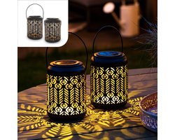 Gadgy Solar Lantaarn Pauw - Tafellamp Set van 2 - Solar Tuinverlichting op Zonneenergie - Led Buitenverlichting met dag/nacht Sensor - Hanglamp - Tuinlantaarn - 27 x Ø 12.5 cm - Zwart/Goud - Metaal