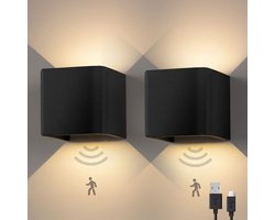Goliving Wandlamp Oplaadbaar – 2 stuks – Wandlamp Binnen – Draadloos – Met Bewegingssensor – USB–C – 4400 mAh – Warm Wit Licht – 10 x 10 x 8 cm – Zwart