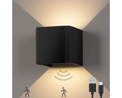 Goliving Wandlamp Oplaadbaar – Wandlamp Binnen – Draadloos – Met Bewegingssensor – USB–C – 4400 mAh – Warm Wit Licht – 10 x 10 x 8 cm – Zwart