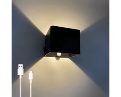 Leba Oplaadbare Wandlamp Kubus - Up & Down verlichting - Modern Design - Warm Wit Licht - Voor Binnen en Buiten (overdekt) - Eenvoudige Installatie - Draadloos - USB-C Oplaadbaar - Bewegingssensor - Zwart