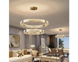 Led Hanglamp - 2 Ringen - Eettafel Hanglamp - Met Afstandsbediening - Luxe Kroonluchter - Hoogte Verstelbaar - Goud - Modern Design - Woonkamerlamp
