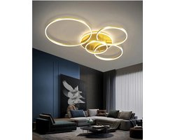 Led Plafondlamp - 5 Ringen - Dimbaar met Afstandsbediening - 76 Watt - Modern Design - Goud - 98 cm - Plafonniere - Modern - Woonkamer - Eettafel - Keuken - Slaapkamer