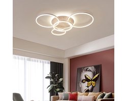 Led Plafondlamp - 5 Ringen - Dimbaar met Afstandsbediening - 76 Watt - Modern Design - Wit - Plafonniere - 98 cm - Modern - Woonkamer - Eettafel - Keuken - Slaapkamer