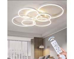Led Plafondlamp - 6 Ringen - Dimbaar met Afstandsbediening - 130W - Modern Design - Wit - Plafonniere - Modern - Kroonluchter - Woonkamer - 100 cm - LED Moderne Plafondlamp