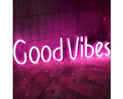 Neon Wandlamp Good Vibes - Roze - LED - Inclusief 2 ophanghaakjes - Neon Verlichting - Sfeerverlichting - Led lamp - Neonlicht - Neon lamp