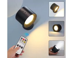 Oplaadbaar Wandlamp Voor Binnen – Zwart - 2 Zijdige Verlichting - Draadloos & Dimbaar - Magnetisch afneembaar – Met Afstandsbediening & Touch Control – 3 Kleuren – Eenvoudige Montage