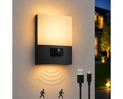 Luminize Buitenlamp met bewegingssensor - Oplaadbare buitenlamp op batterijen - Draadloze wandlamp buiten - USB - Dag en nacht sensor - Rechthoekig - 2700K - Zwart