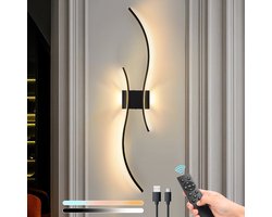 Rosnek Draadloze Wandlamp Oplaadbaar – Instelbare Kleurtemperatuur & Helderheid, Afstandsbediening met USB-C - 15-55 uur Werking – Moderne LED Muurlamp met Dubbele Zijverlichting, Timer en Touch Bediening – Zwart Aluminium Design (Bol)