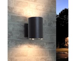 Solar wandlamp buiten 'Sverre' rond - Voordeelset van 2 stuks - Up down light - Warm wit licht - Tuinverlichting op zonne-energie geschikt voor schutting - Zwart