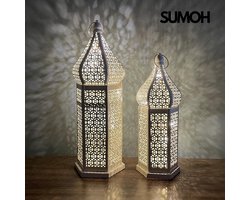 SUMOH® Mediterraans Lantaarn XL 34 cm – LED Tafellamp op Batterij – Sfeerverlichting – Boho Design – Holle IJzeren Lantaarn – Retro Tafellamp – Zonder Snoer – Ramadan Decoratie – Eid Mubarak – Suikerfeest