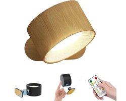 Wandlamp LED - Wandlamp met oplaadbare batterij - Touchbediening - 3 helderheidsniveaus - 3 kleurmodi - Wandlampen 360° vrije rotatie - Modern - Dimbaar - Voor woonkamers en slaapkamers - Houtnerf