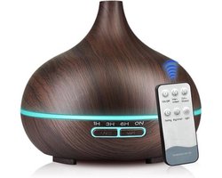 500 ml Ultrasone Luchtbevochtiger & Aroma Diffuser – Etherische Olie Verdamper met Houtlook, LED Verlichting in 7 Kleuren, Afstandsbediening – Voor Slaapkamer, Droge Lucht & Ontspanning