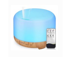 Aromadiffuser, ultrasone luchtbevochtiger (met afstandsbediening), verstuiver, elektrische luchtbevochtiger, aromalamp, etherische oliediffuser met 7 veranderende kleuren, 500 ml lichtbruin