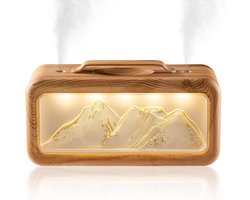 Bureau Luchtbevochtiger voor Slaapkamer - Grote Mistcapaciteit en Dual Nozzle - Sfeernachtlicht en Aromadiffuser - Geschikt voor Babykamer en Kantoor - 600 ml Ultra Stil 23 dB - Lichte houtnerf