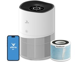 Vibrix PureFlow50 Luchtreiniger / Air Purifier – HEPA H13 + koolstoffilter – 350 m³/u – Voor kamers tot ca. 50 m² – Ionisator – App-bediening – Zeer stil met slaapstand – Luchtkwaliteitindicator