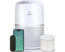 Vibrix Vortex20 Luchtreiniger / Air Purifier – HEPA H13 + koolstoffilter inbegrepen – 275 m³/u, voor kamers tot ca. 50m2 – Ionisator – App-bediening – Zeer stil & slaapstand – Luchtkwaliteitindicator – Helpt bij stof, pollen & huisstofmijt